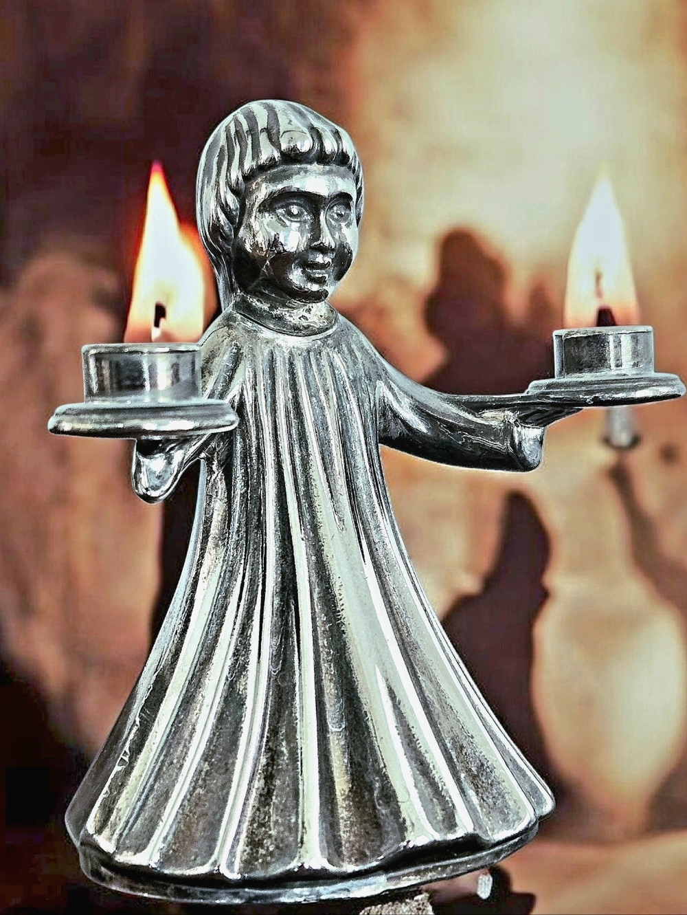 Miniature Italian Candleholder Child In Nightgown Silver Toned Metal
